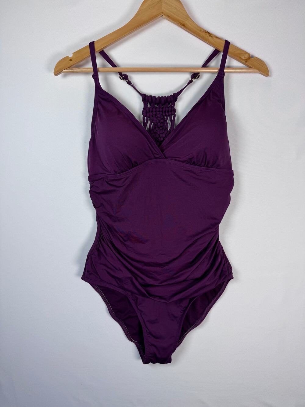 Hilor Tummy Control One Piece Deep Merlot Macrame Back Ruched Swimsuit 12